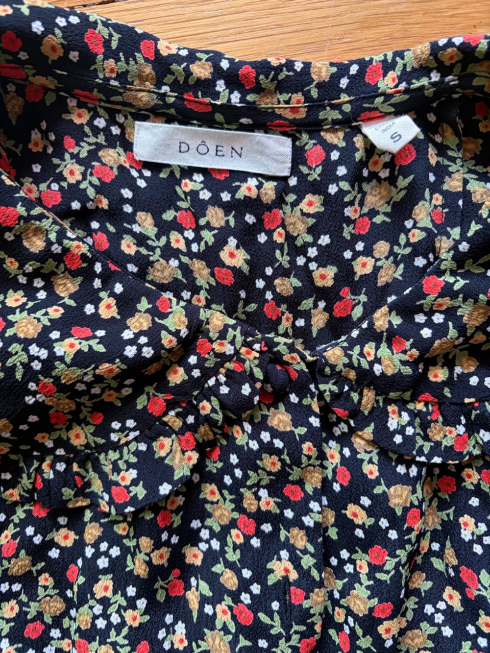 Doen Black Ditsy Floral Button Dress with Red and Mustard Blooms